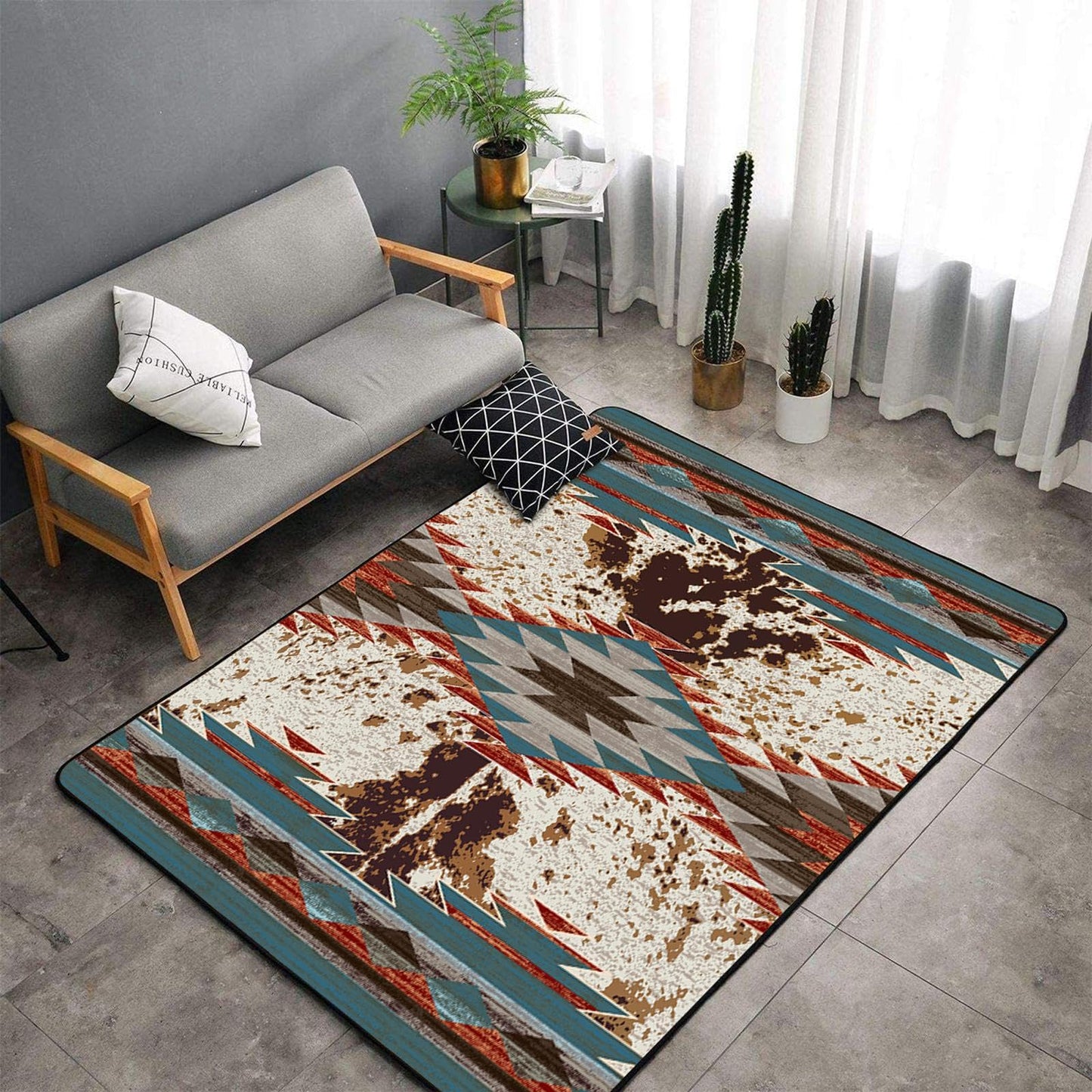 DECORAISES Combo Rustic Western 3x5 ft Area Rug, 4 Pcs Non-Slip Rug Tape, Southwestern Style, Polyester, Rectangular, Indoor, 8cm Thick, Machine-Woven, Spot Clean Only