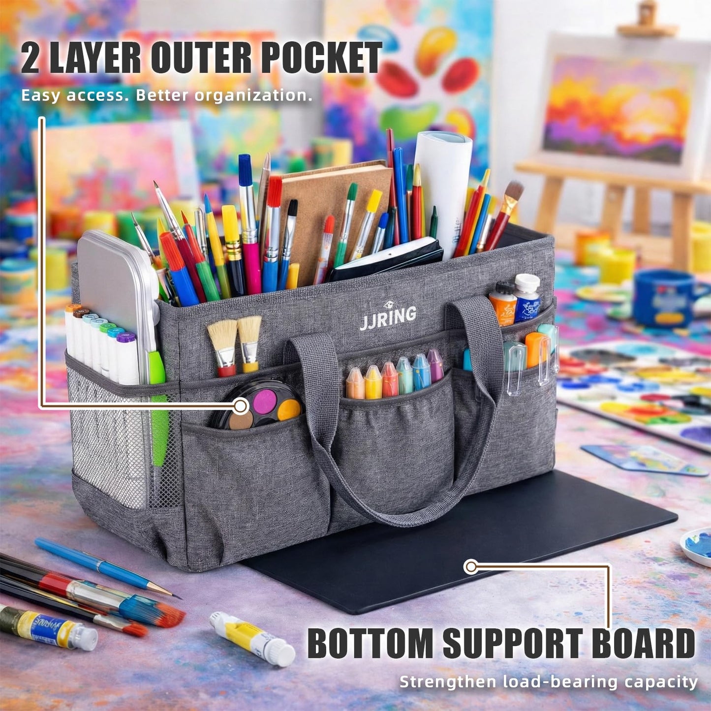 JJRING Large Art Supply Storage Tote Bag With 2 Mesh Side Pockets & Front Elastic Pockets – Sturdy Craft Organizer Caddy with Reinforced Bottom For Sewing, Scrapbooking, Teachers & Artists(Grey)