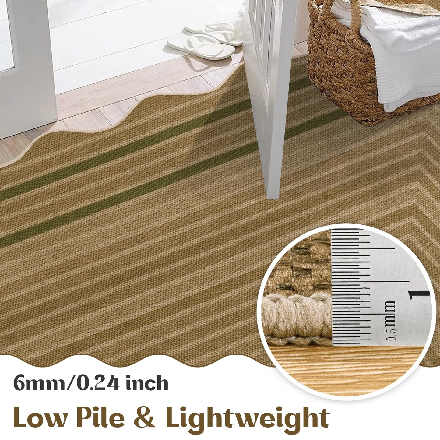 Yamaziot Washable Indoor Outdoor Rug 5x8, Scalloped Geometry Faux Tan Jute Outdoor Carpet Non Slip Modern Woven Textured Patio Rug for Backyard Balcony Deck, Green