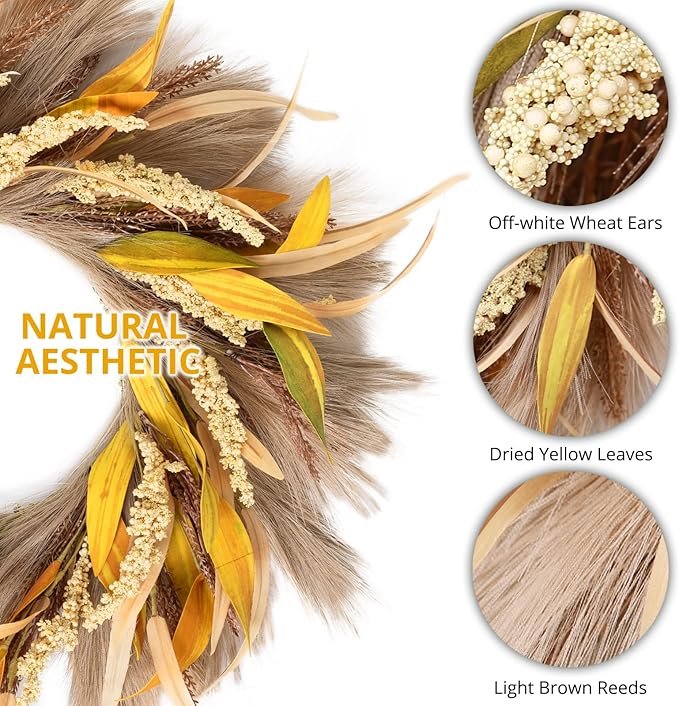 Fall Wreath 22-24inch Autumn Door Wreath with Yellow Leaves, Light Brown Reeds,Beige Wheat Ears for Farmhouse Indoor Outdoor Window Wall Thanksgiving Decor