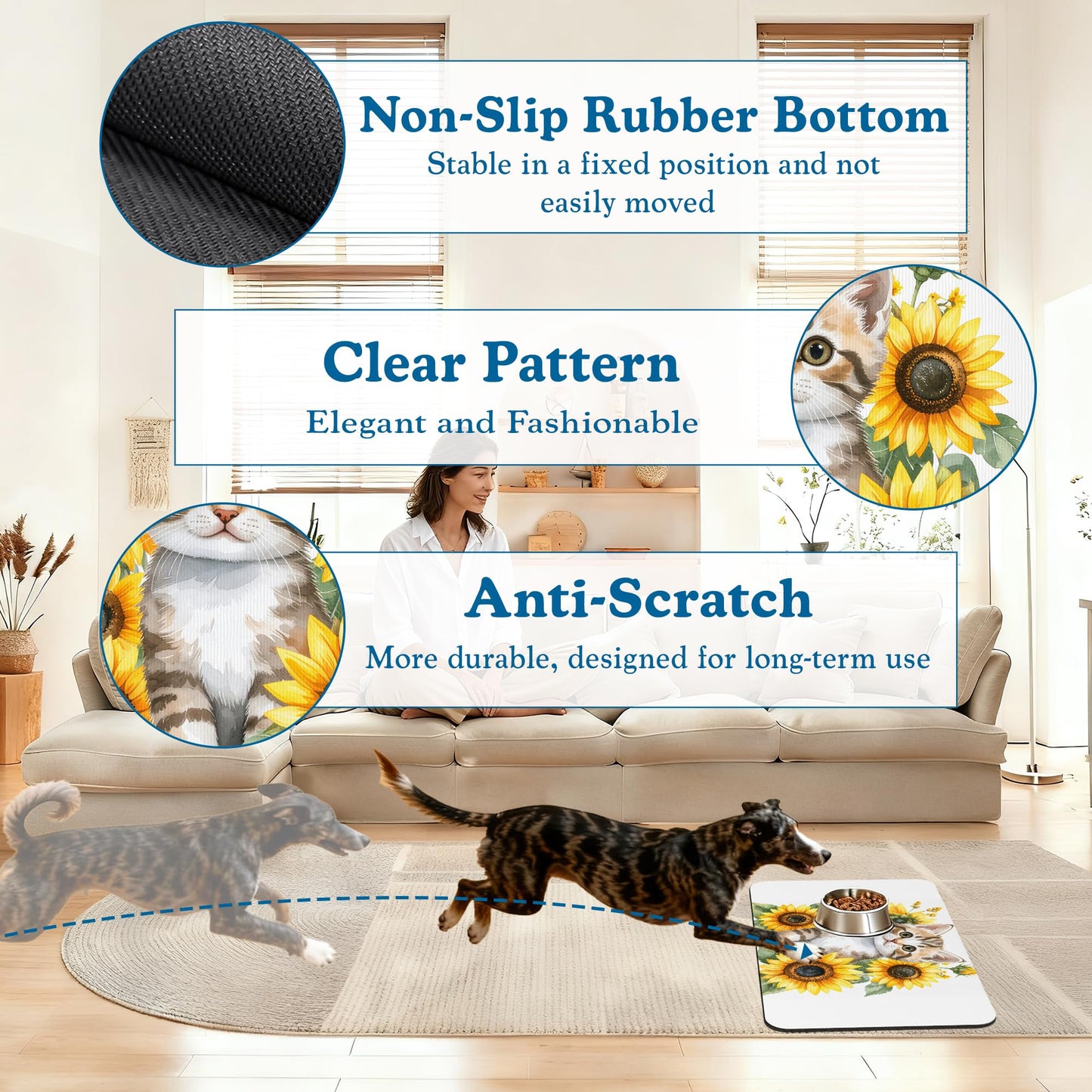 Cute Cat Sunflower Pet Feeding Mat for Floors–Absorbent Quick Dry Dog Cat Bowl Mat for Food and Water, Non Slip Waterproof Base, Mess-Free Feeding Accessories 12"x20"