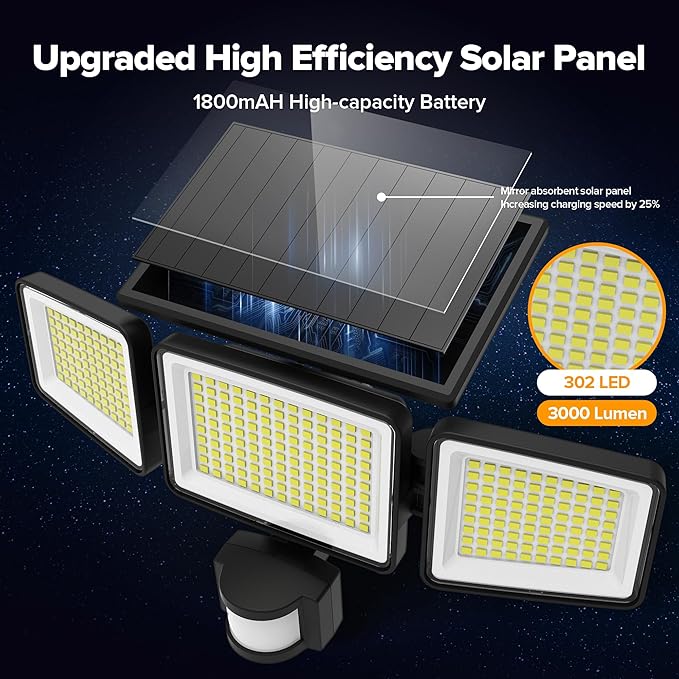 UME Solar Outdoor Lights 302 LED 3000LM, IP65 Waterproof Motion Sensor Outdoor Lights, 3 Heads Solar Security Flood Lights 270 Wide Lighting Angle with 3 Modes for Garden Patio Yard - 6 Pack