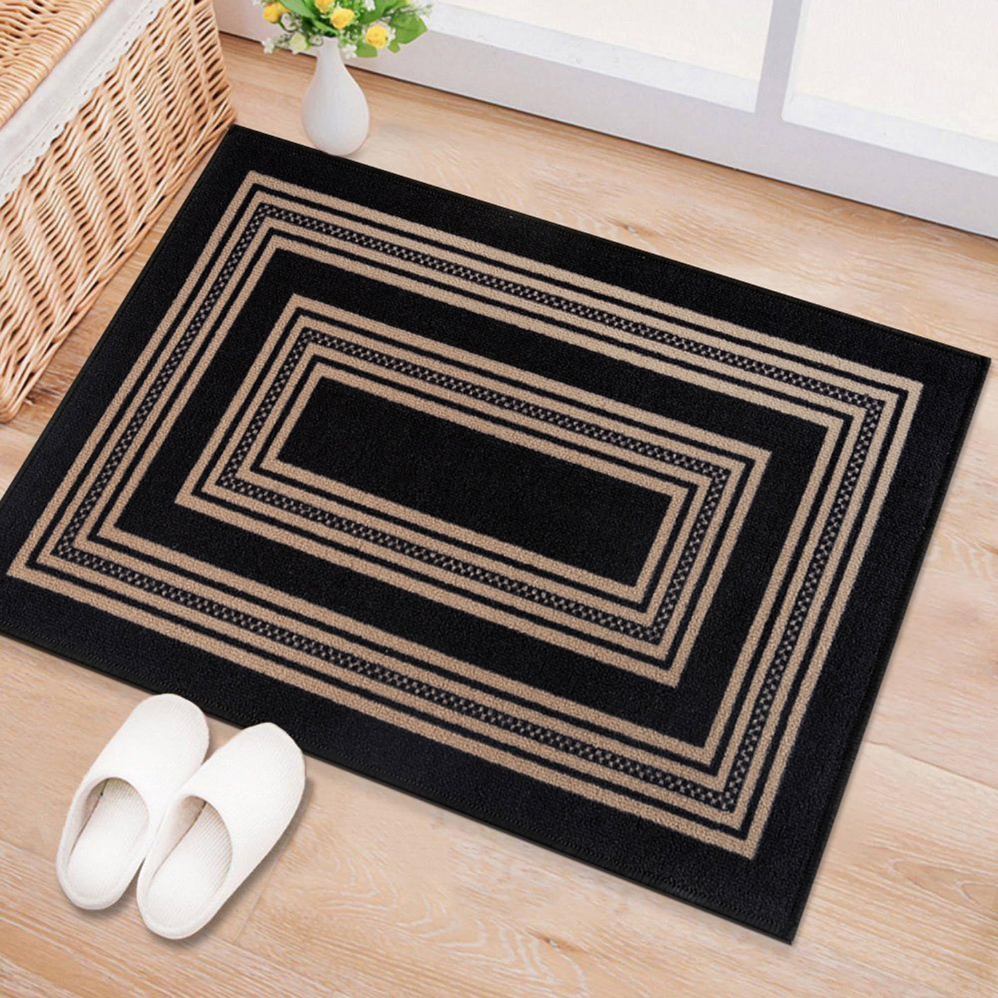 Rugshop Ornate Framed Border Power Loomed Indoor Runner Rug, Dramatic Onyx Decorative Frame Design, Non-Slip Backing, Living Room Dining Room Home Office, Easy-Care Spot Clean, 2' x 4' Black