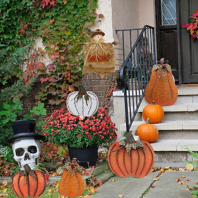 Metal Pumpkin Stakes Yard Signs Fall Decor Decorative Garden Stake Lawn Pumpkins Ornaments Outdoor Autumn Decoration for Harvest Halloween Thanksgiving (17.5" H White x2)