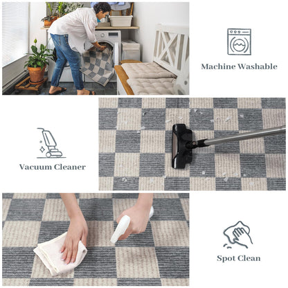 LIVEBOX Machine Washable Area Rug 6x9 Checkered, Non Slip Soft Large Bedroom Living Room Rug Farmhouse Neutral Classic Geometric Pattern Boys Rug, Indoor Carpet for Den Dorm Playroom(Grey,6'x9')
