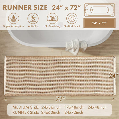 MIULEE Waffle Bathroom Runner Rugs, Super Absorbent Non Slip Bath Rug, Soft Quick Dry Washable Boho Large Beige Bath Mat with Tassels for Hallway Laundry Room Bedroom, 2'x6' (24"x72"), Brown & White