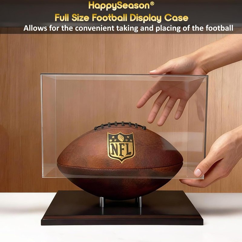 Football Display Case - Clear Acrylic Holder with Walnut Wood Base | Full Size Autograph Stand, No Assembly Required