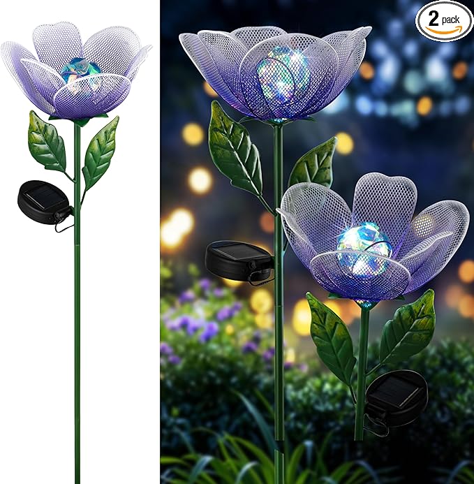 Flower Solar Lights for Outside,2 Pack Metal Flower Solar Lights for Outside,Tulip Solar Powered Garden Light Outdoor Decor,Housewarming Ornament for Patio, Lawn, Yard, Pathway (Breathing light)