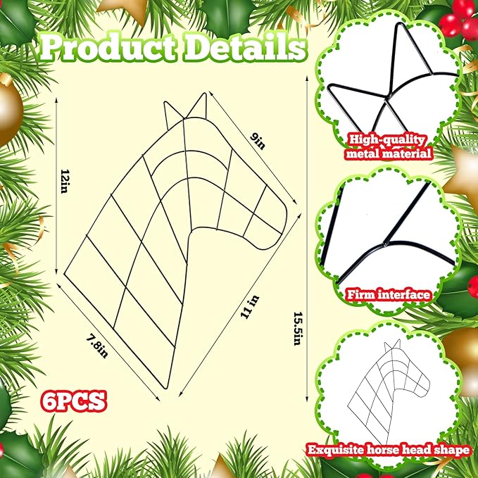 6 Pcs 15.5 Inch Christmas Wreath Horse Head Wreath Metal Frame Horse Wire Garland Xmas Garland for Farmhouse Holiday Wall Porch Door Home Chair Fireplace Hanging Decor Xmas Tree Ornament