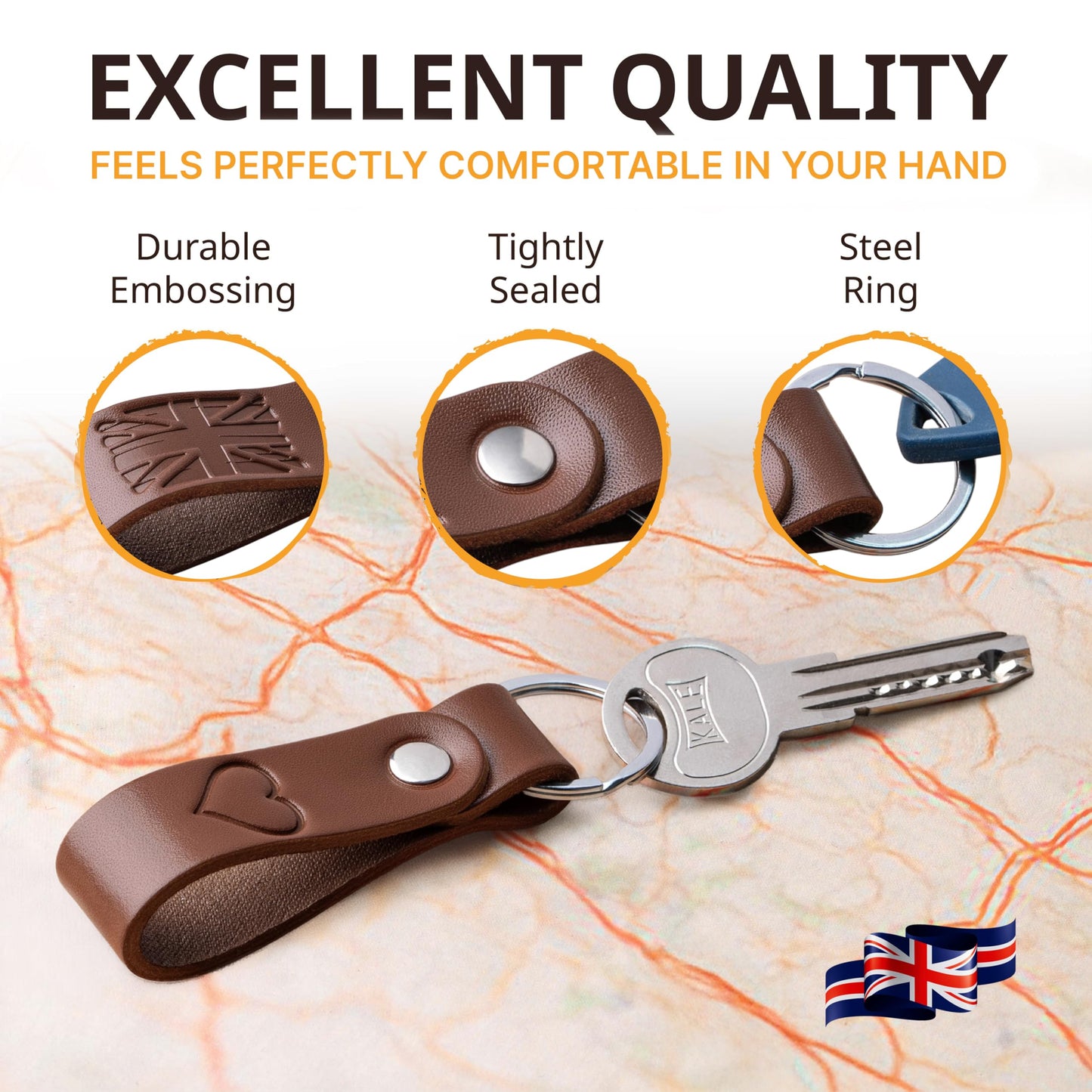 MAGOR Handmade Full Grain Leather Keychain Personalised Keychain for Men Women Car Key Ring Gift for Him Her Dad Mom Premium Brown Leather Keyring Hot Embossed Design (House)