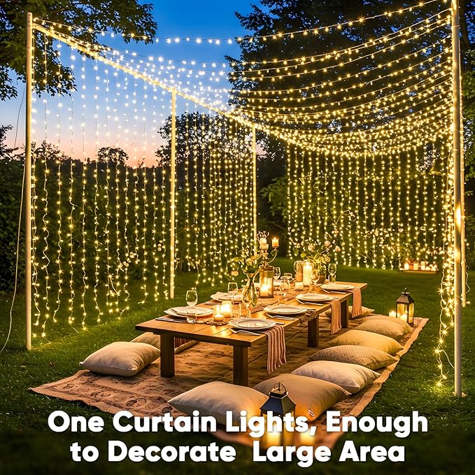 suddus 600 LED Christmas Curtain Lights Outdoor, 9.8x19.6ft Curtain Lights Plug in with Remote, Wall Hanging Lights for Christmas,Dorm,Wall,Window,Wedding,Party,Birthday Decor,Warm White