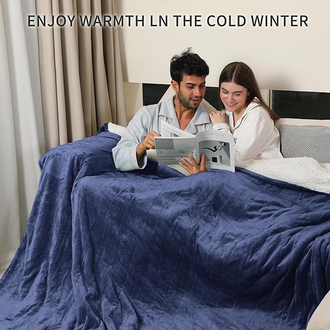 Electric Heating Blanket Queen Size, Cozy Flannel Sherpa Heated Electric Blanket with 5 Heating Levels & 10 Hours Auto Off, Overheat Protection, Machine Washable Heated Blanket, 84" x 90", Navy Blue