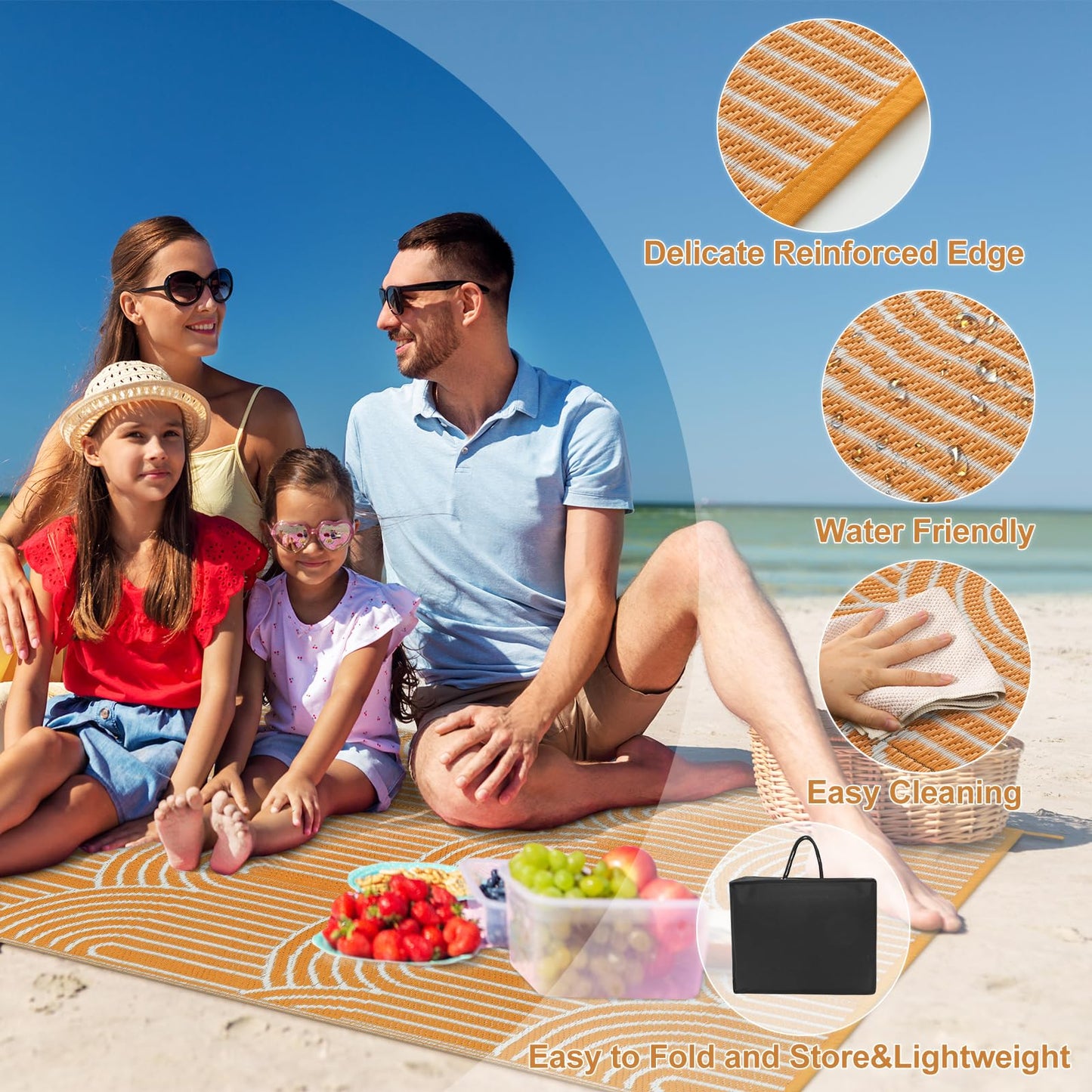 Lahome Outdoor Area Rugs 8x10 Waterproof, Plastic Reversible Rv Mats for Outside, Portable Lightweight Camping Carpet for Beach Backyard Garden (Rainbow Orange, 8'x10')