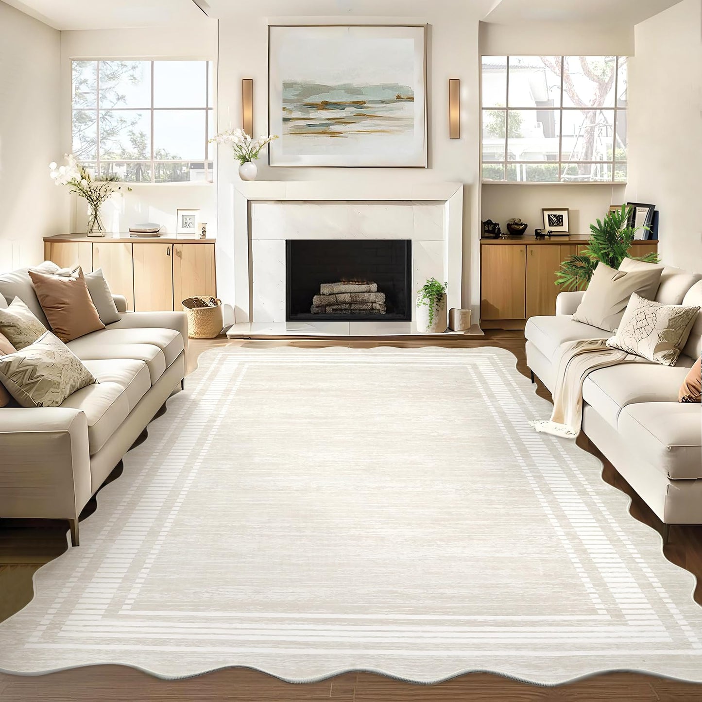 Garvee Scalloped Modern Abstract Area Rug 8x10 Washable Rug for Living Room, Non-Slip Soft Carpet for Bedroom, Scalloped Low-Pile Solid Print Accent Rug for Dining Room Home Office, Beige