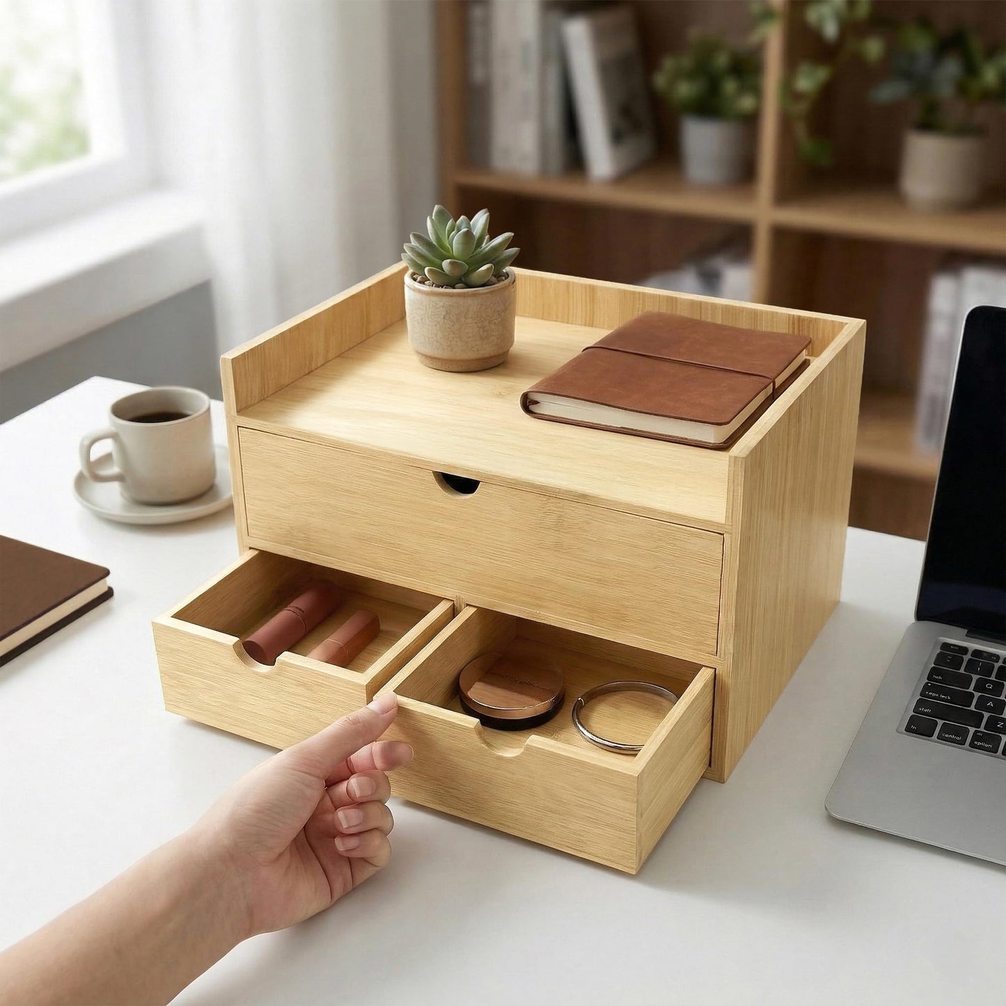 Bamboo Desk Organizer with 3 Drawers and Shelf, Desktop Drawers 13.4 x 7.3 x 8.1 Inches Countertop Storage Box for Office Supplies Makeup Kitchen, Wooden Tabletop Drawer No Assembly Required