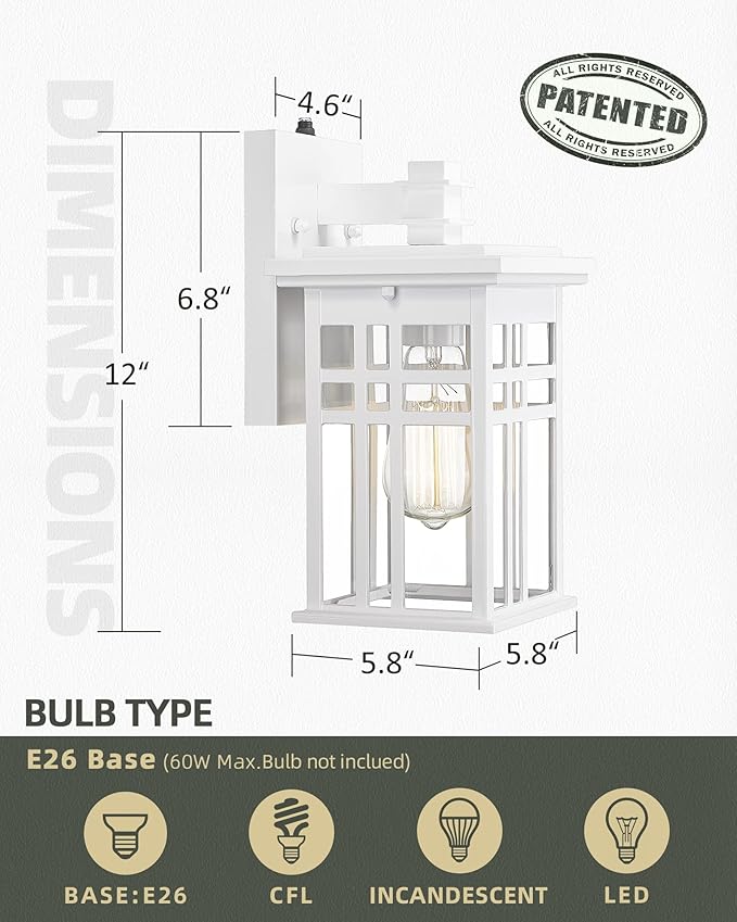 Dusk to Dawn Outdoor Wall Light 2 Pack - HWH Exterior Wall Sconce Light Fixture, Outdoor Porch Light Wall Lamp for Garage, Doorway, Balcony, Garden, Glossy White Finish, 5HD27B-PC-2PK WH