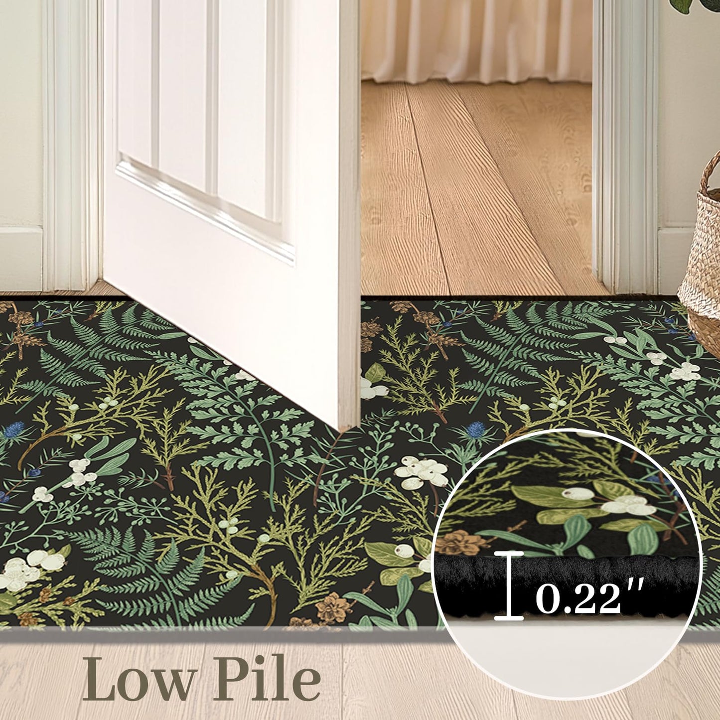 Black Green Runner Rug for Hallway 2x6,Botanical Print Runner Rug for Entryway,Plant Leaf Printed Area Rugs Non-Slip Throw Floor Carpet for Bedroom Entrance Door Mat Washable Kitchen Rugs Runners