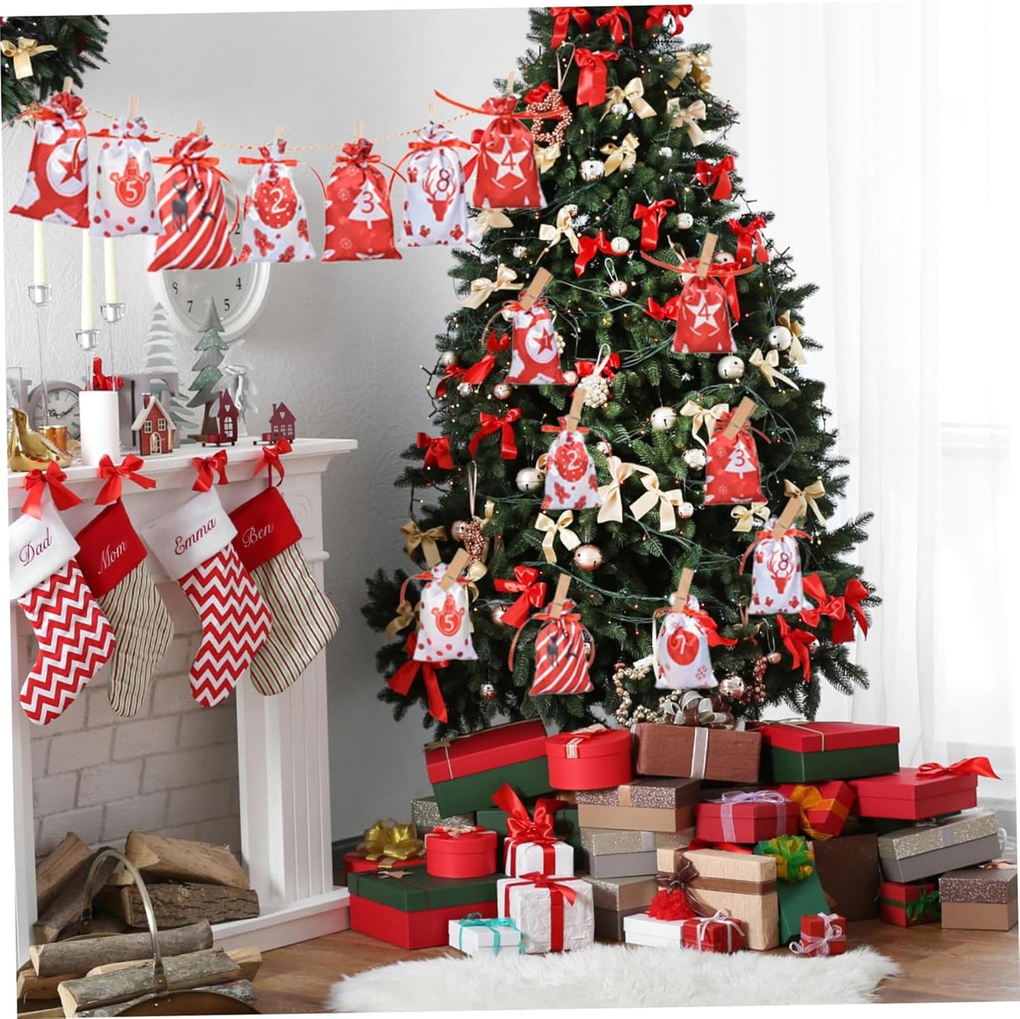 24 Pcs Christmas Drawstring Gift Wrap Bags Reusable Advent Calendar Bags Cute Xmas Candy Toys Goody Treat Bag Pocket for Holiday Weedings Birthdays Party Favor Home Storage Gift Bag