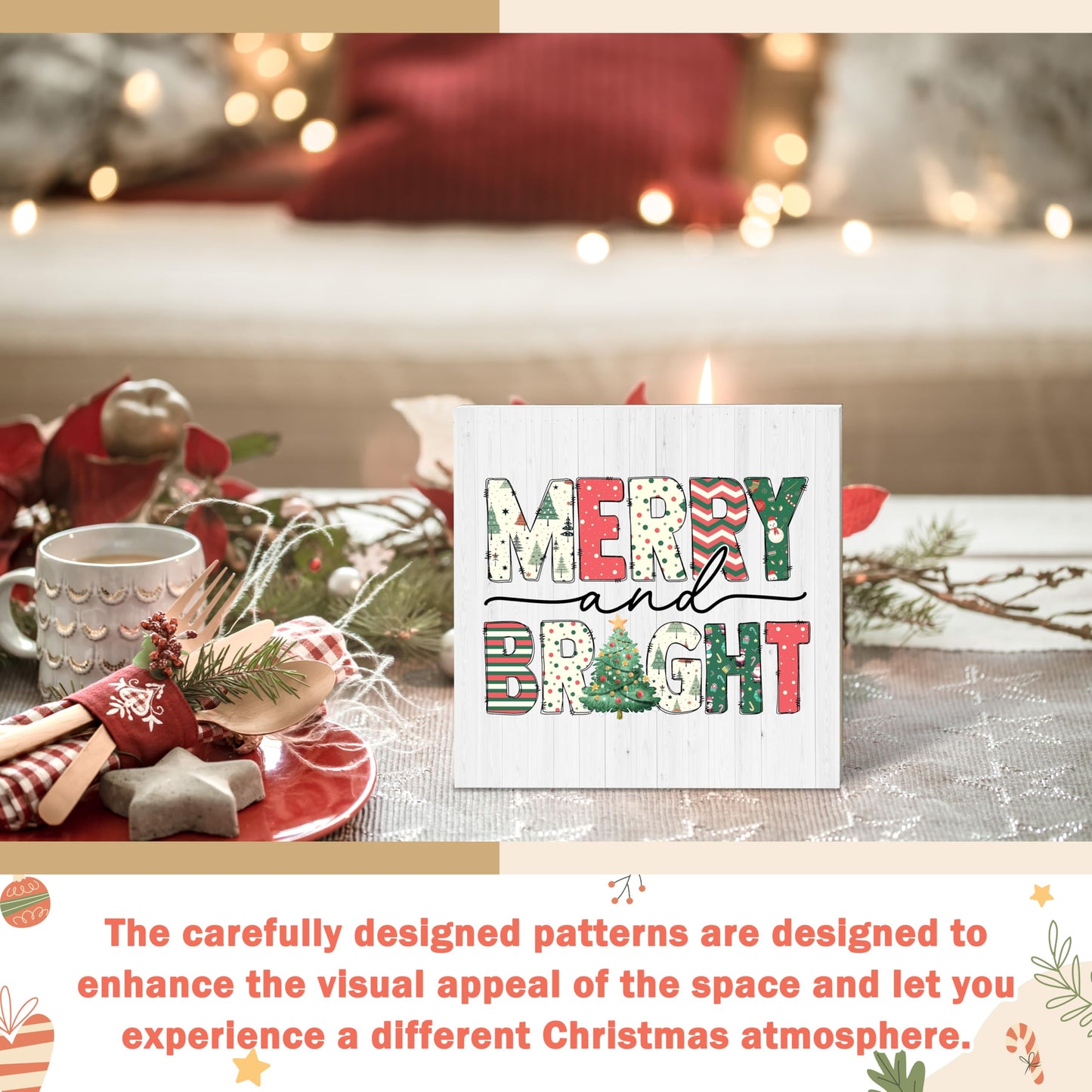 OXRUN Christmas Table Decorations, Merry and Bright Wooden Box Sign Decorative, Xmas Holiday Gifts for Women Men Home Office Shelf Decor 6 x 6 Inches - F07