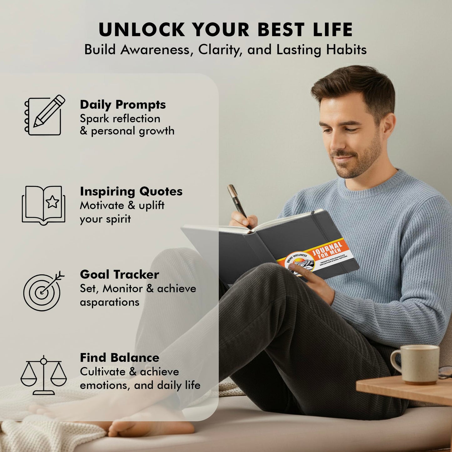 Brike Wellness Journal for Men & Women – Premium Vegan Leather 184 Pages Guided Journal with Daily Prompts for Graditude, Mental Wellness, Reflection, Goal-Setting, Mindfulness, and Motivation for Growth
