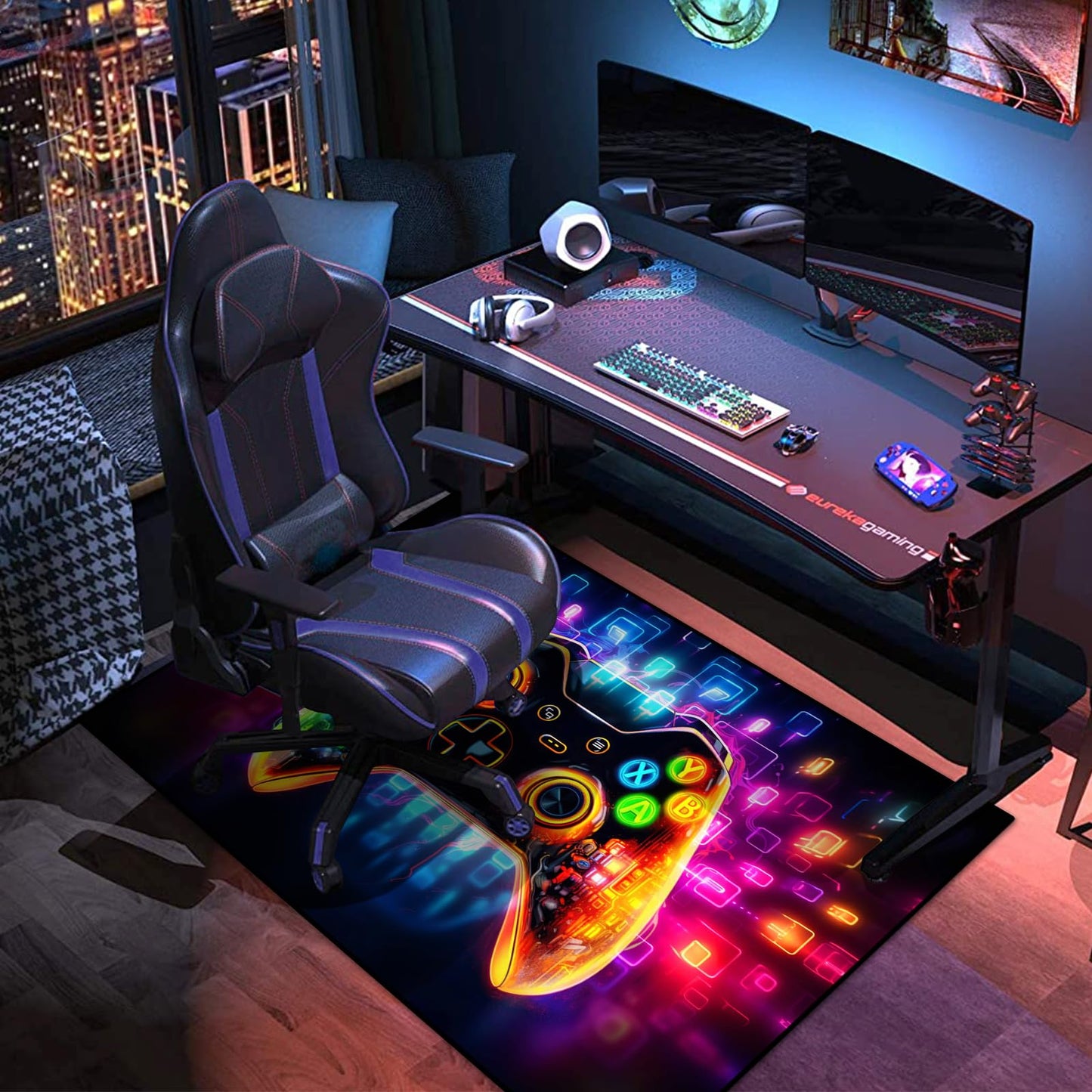 KALERA Gaming Area Rug, Transparent Gamepad and Colorful Lighting Background, Modern, Multicolor, 5' x 3'4" (Rectangular), Boys Girls Bedroom Playroom, Living Room