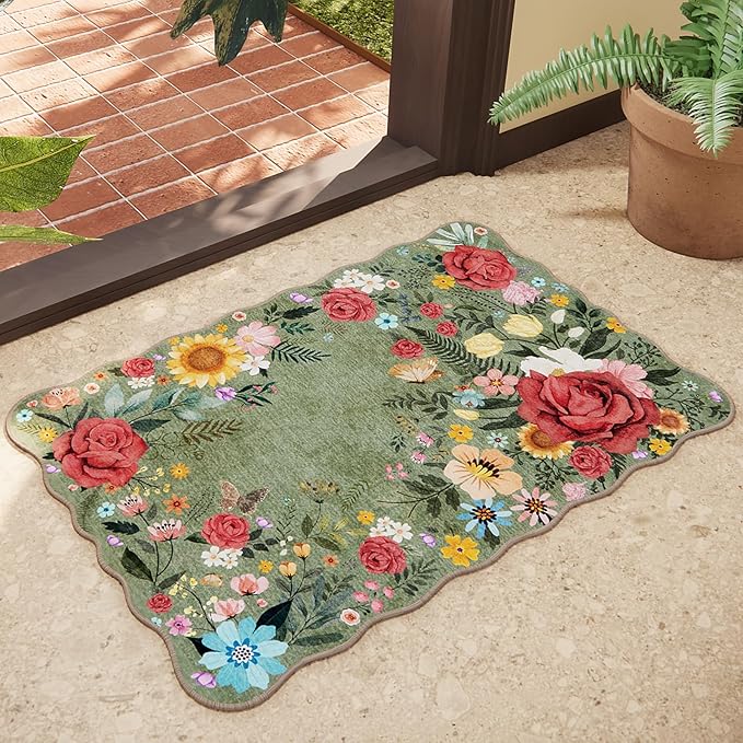 Washable Entryway Small Area Rugs: Door Mat Indoor Entrance 2x3 Floral Rug Ultra Thin Stain Resistant Non Slip Low Pile Lightweight Carpet for Kitchen, Front Door, Small Spaces Decor (Green)