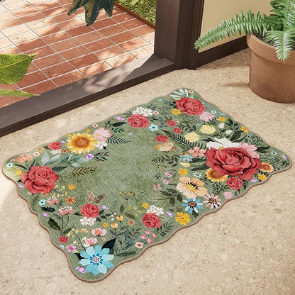 Washable Entryway Small Area Rugs: Door Mat Indoor Entrance 2x3 Floral Rug Ultra Thin Stain Resistant Non Slip Low Pile Lightweight Carpet for Kitchen, Front Door, Small Spaces Decor (Green)