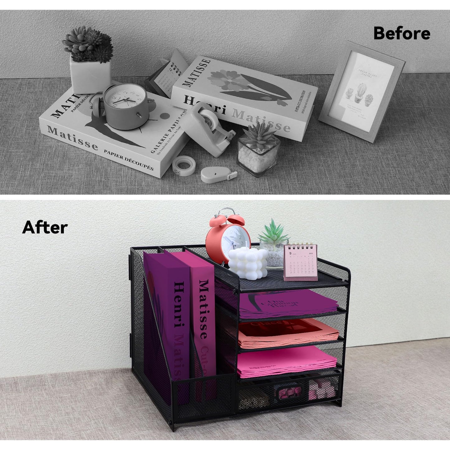 ideallife Desk Organizers and Accessories with File Holder, 5-Tier Paper Letter Tray Organiser with Drawer and 2 Pen Holder, Mesh Desktop Document Organizer for Office Supplies, Workspace - Black