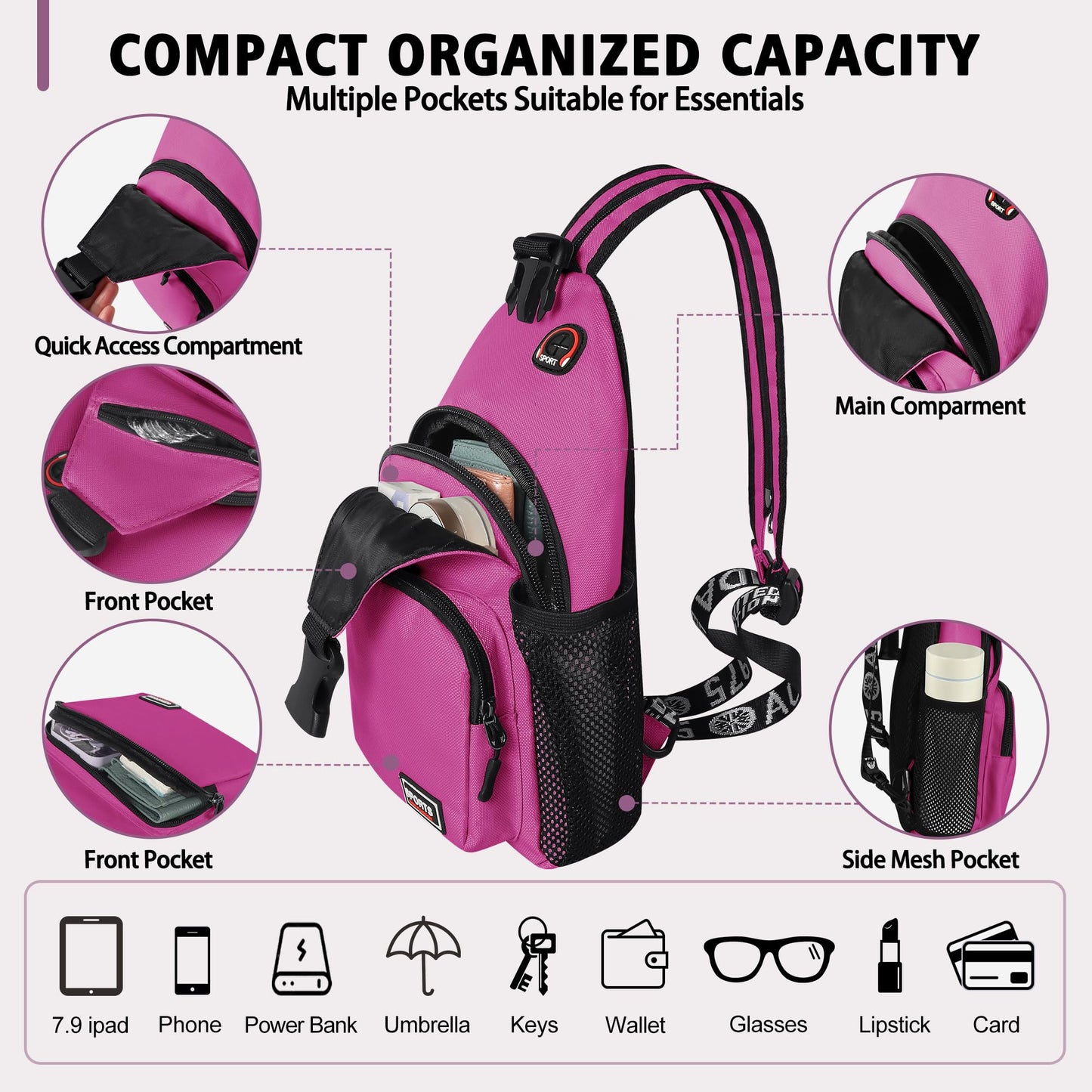 Geestock Convertible Sling Bag for Women Men, 12.6" Crossbody Sling Backpack with Headphone Hole Fit 7.9" Tablet, Lightweight Chest Bag Daypack Crossbody for Travel Sport Hiking & Commute,Purplishred