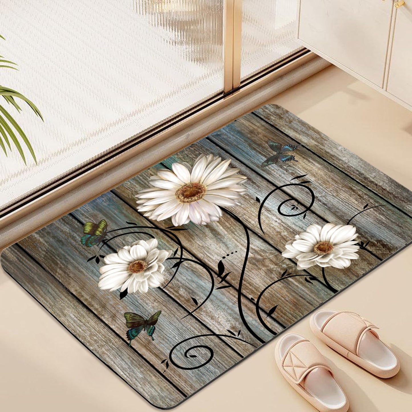 Miffrank Rustic Daisy Bathroom Rugs Grey Floral Butterfly Bath Mat, Farmhouse Absorption Non-Slip Floor Mat, Daisy Bathroom Bedroom Decor(Rectangle,27×17 inch)