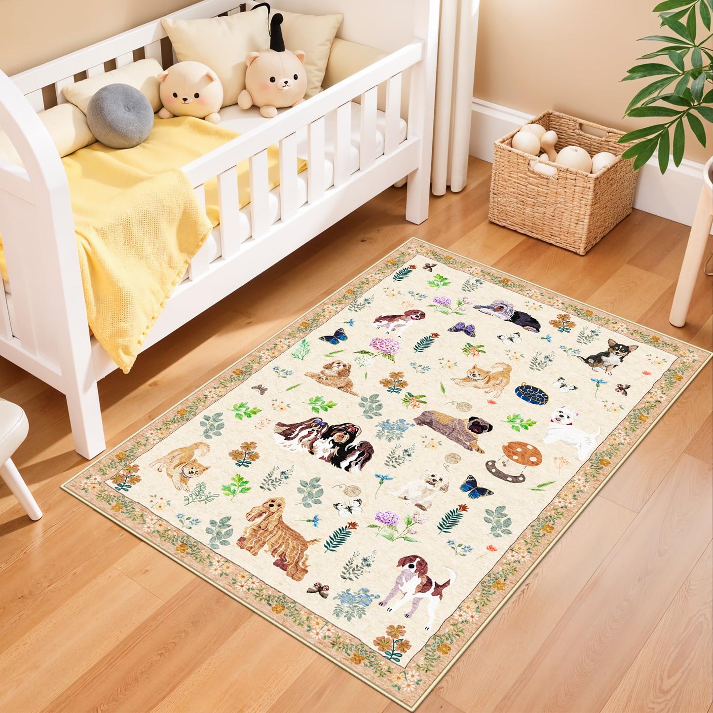 Washable Floral Animal 3x4 Rug: Non-Slip Low Pile Entryway Area Rugs Dog Printed Carpet Stain Resistant Kitchen Runners Soft Beside Floor Mat for Bedroom Kids Room Home Office Laundry(3x4,Beige/Dog