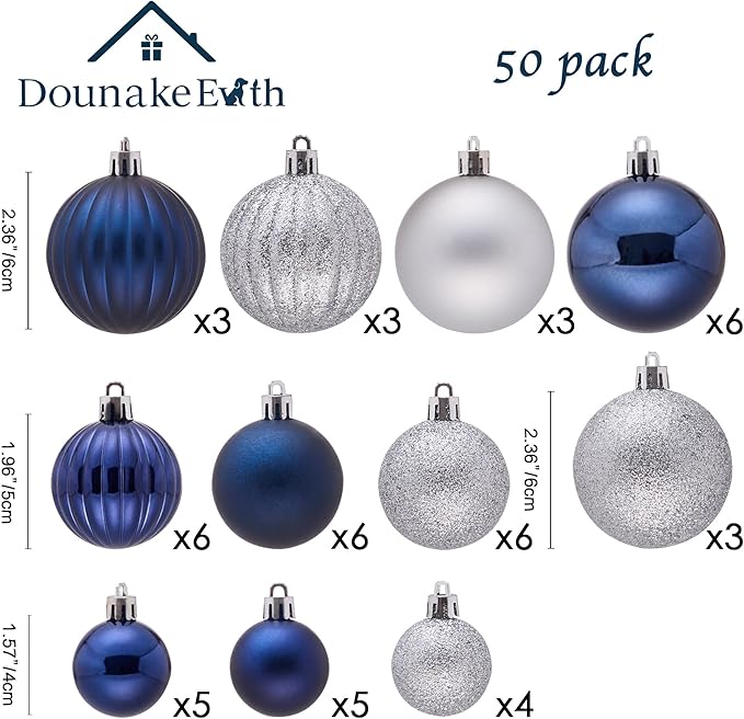 50ct Christmas Balls Ornaments for Xmas Tree, Navy Blue Silver Shatterproof Christmas Tree Decorations Hanging Ball for Holiday Party Decor(1.57"-2.36")