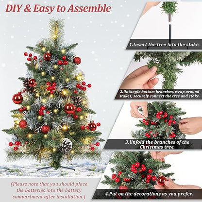 2 Packs 30in Frosted Outdoor Christmas Trees, Pre-Lit Battery Operated Fake Xmas Tree Holiday Decor with Stake, Multi-Color & WW Waterproof String Lights, Red Berries & Balls, Pine Cones