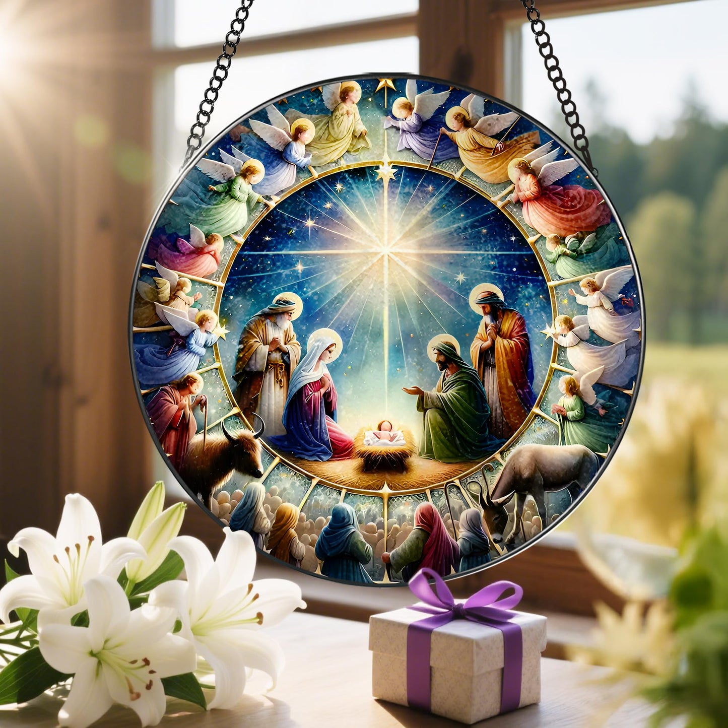 Stained Glass Window Hanging, LAOWEIKI 8'' Nativity Scene Suncatcher, Stained Glass Ornament, Window Decor, Outdoor or Indoor, Christian Gifts, Religious Gifts for Women