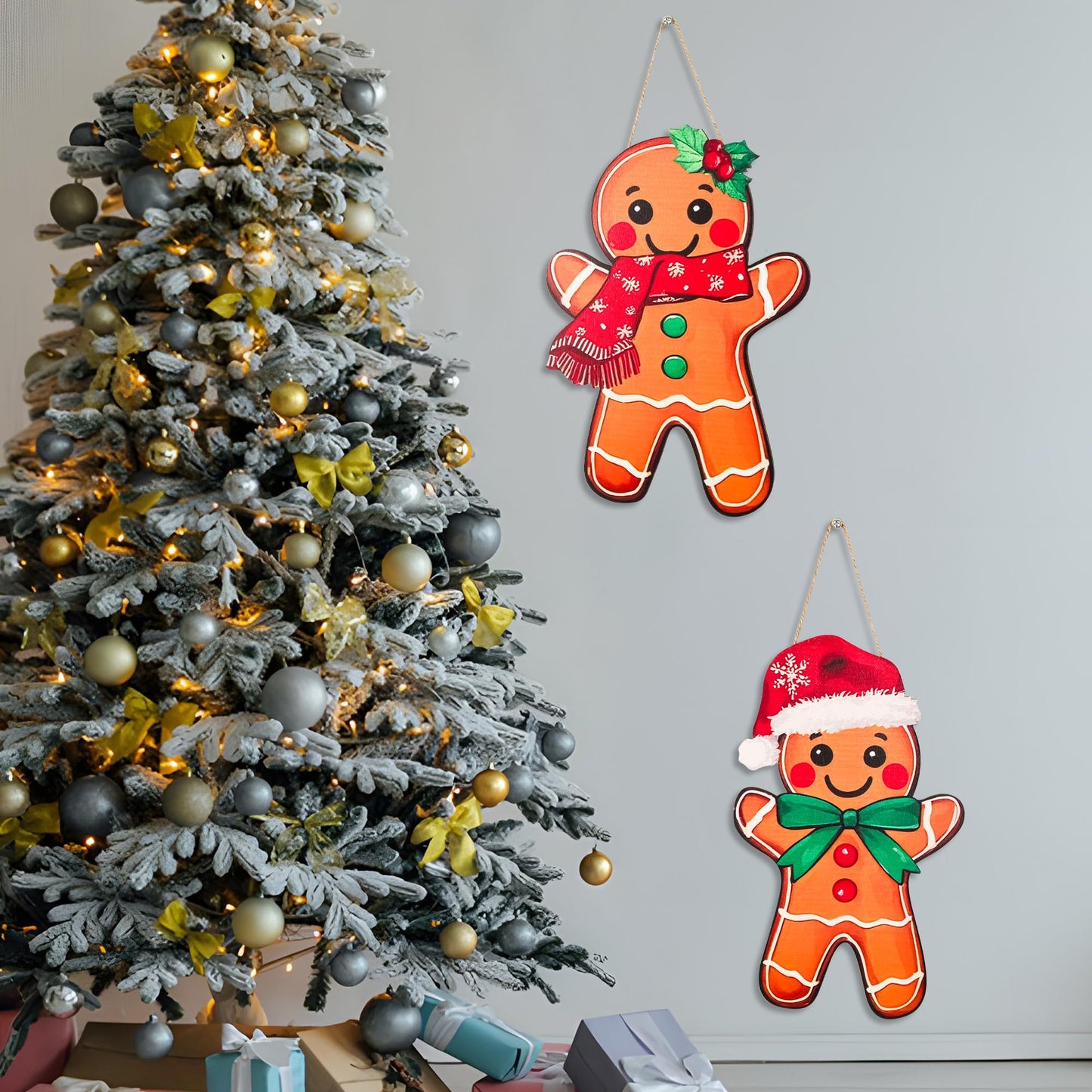 2Pcs Christmas Gingerbread Hanging Signs Gingerbread Men Women Front Door Decor Xmas Red Green Welcome Wreath Hanger for Holiday Porch Window Wall Home Decor