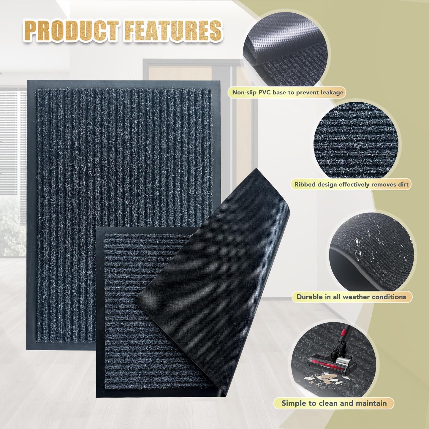 Front Door Mat,2'x3'Indoor Outdoor Door Mat,Heavy Duty Durable Welcome,Commercial Floor Mats Inside Outside Entrance, Waterproof All-Season, All-Weather Non Slip Backing Doormat for Entryway,Black