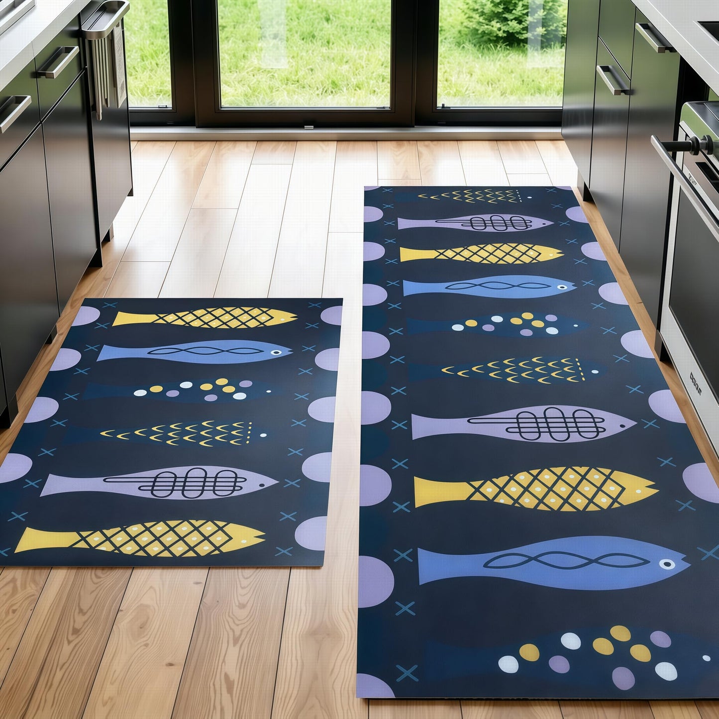 CHKYUZEN PVC Foam Anti Fatigue Printed Kitchen Mat and Rug, Foot Comfort, Anti Slip, Stain Release, Set of 2pcs (17"x30" & 17" x47), (2pc Set, Fish Design)
