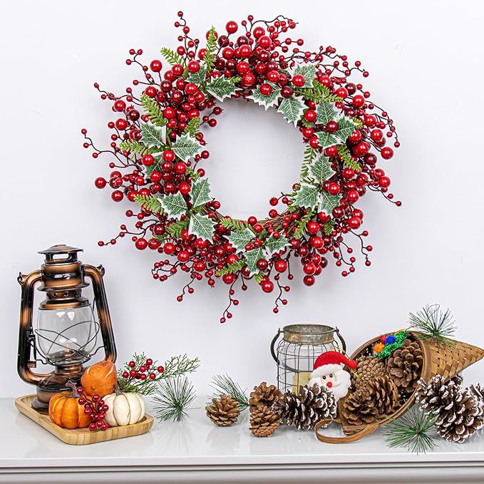 JINGHONG Artificial Christmas Wreath 20 Inch Christmas Wreaths for Front Door Red Berry Wreath with Holly Berries Leaves Pine Needles for Indoor Outdoor Xmas Winter Holidays