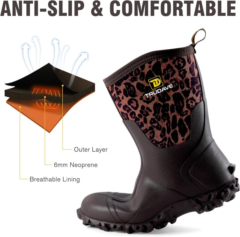 Rubber Boots for Women - Waterproof Insulated Mid Calf Rain Boots with Steel Shank | Sizes 5-11