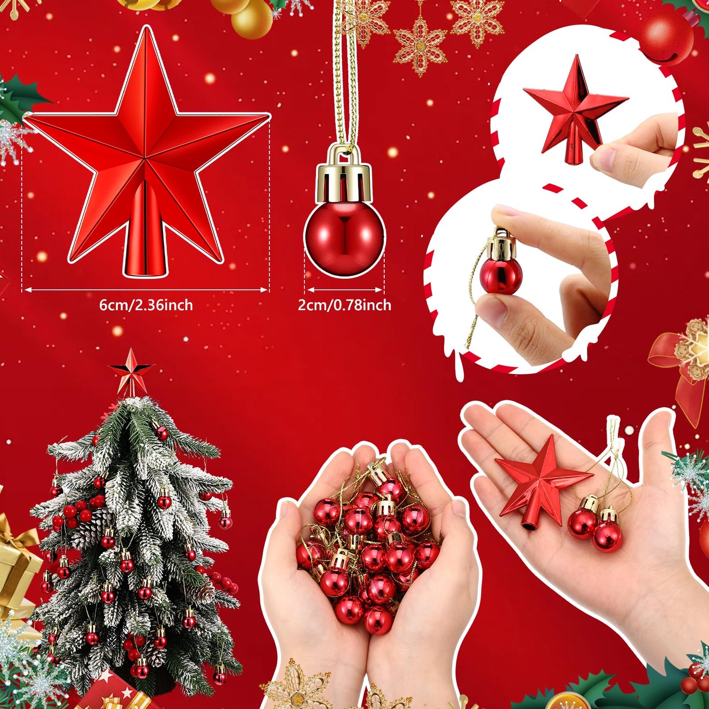 RoundFunny 25 Pcs Christmas Balls Ornaments Set Mini Tree Decoration 0. 79 Inch Christmas Ball Tree Topper Star Hanging Ornaments for Party Decoration(Red)