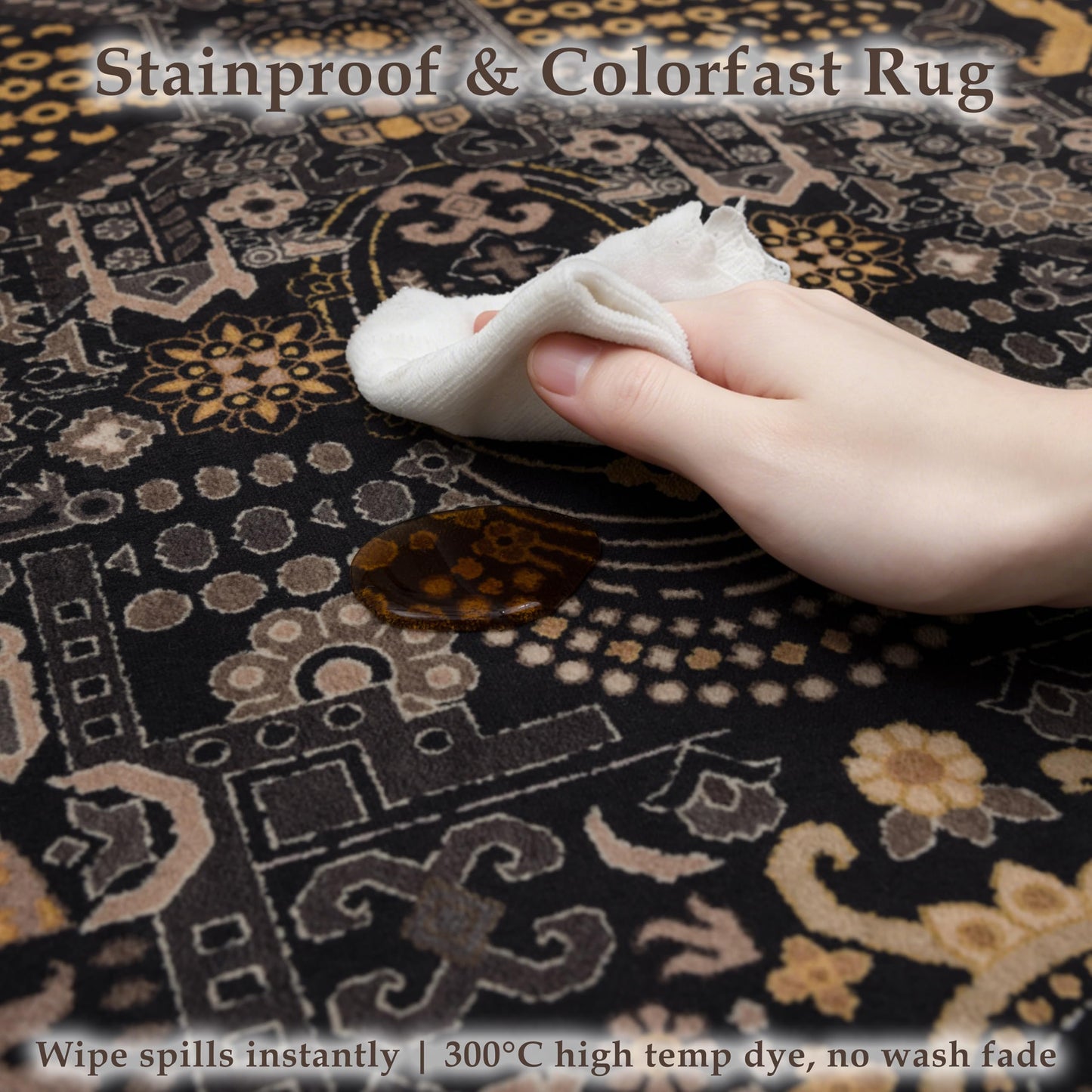 Ruaruarug Area Rug 8'×10', Non Slip Machine Washable Ultra Soft Stain & Fade Resistant, Pet & Kids Friendly, for Living Room/Bedroom/Kitchen/Classroom, Black Gold