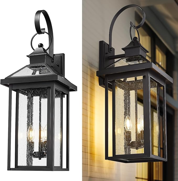 zeyu 3 Light Large Outdoor Wall Sconce, 31.3 Inch Outdoor Porch Sconce Light in Black Finish, Die-Cast Aluminum with Seeded Glass Shade, ZW114BL BK