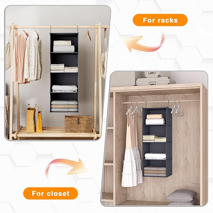 Hanging Closet Organizer, Easy Mount Foldable 4-Shelf Hanging Closet Wardrobe