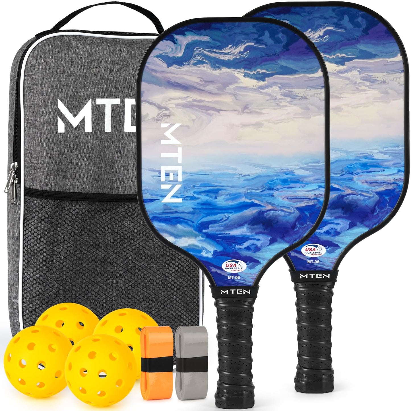 MTEN Pickleball Paddles, Pickleball Paddles Set of 2, USAPA Approved, 2 Paddles with 4 Outdoor Balls, 2 Grip Tapes, 1 Portable Carry Bag, Pickle Ball Set for Beginner