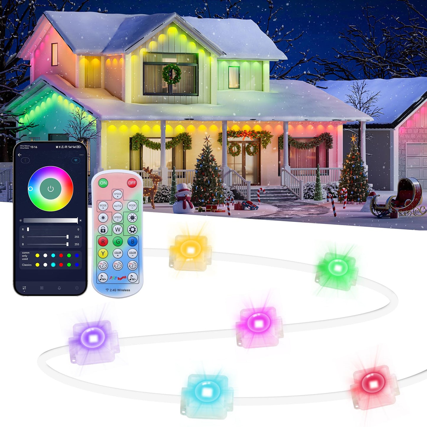 Qeeanmo Permanent Outdoor Lights 100FT RGB+IC Smart String Lights for House, App & Remote Control, Waterproof IP67 LED Eaves Lights, Music Sync, 212 Scene Modes, Outdoor Christmas Patio Roof Decor