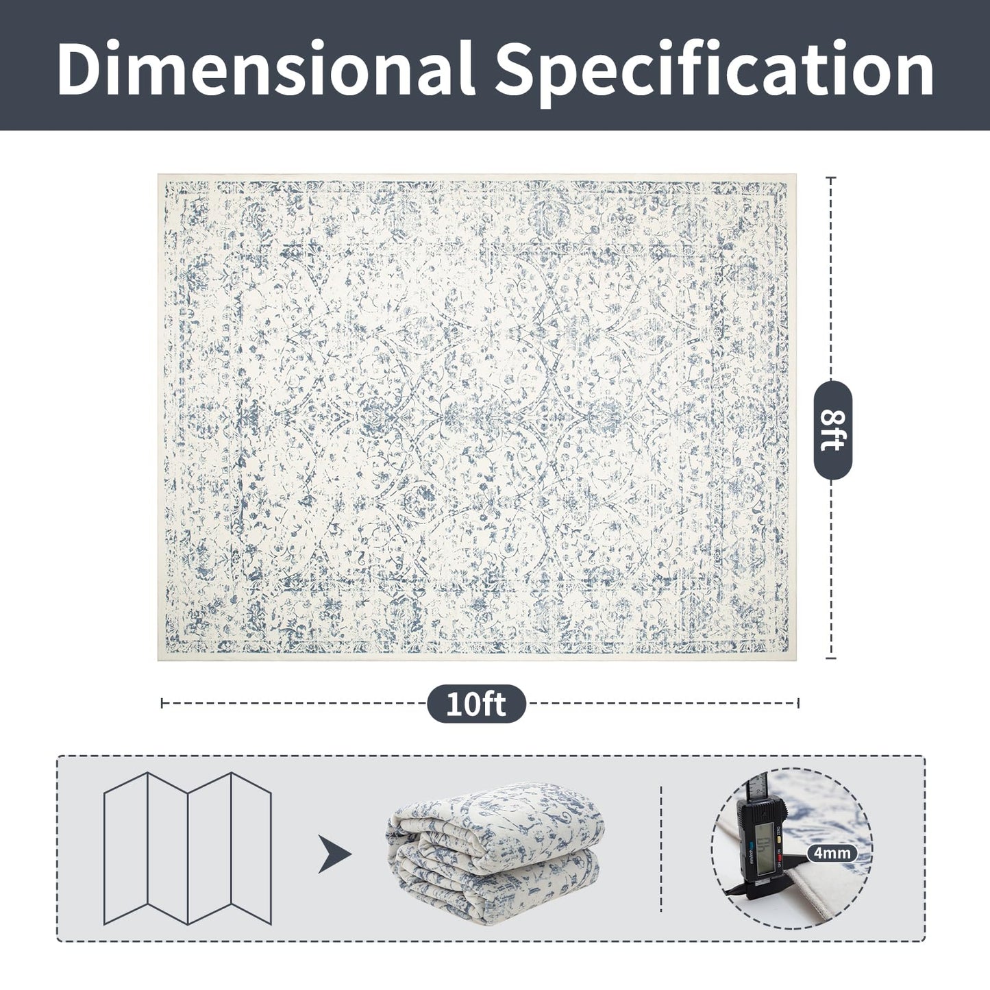 Lbris Washable Rugs 8x10 Area Rugs for Living Room- Large Vintage Rugs for Bedroom,Dining Room,Ultra Soft Low Pile Foldable Carpet with Non Slip Rubber Backing,Neutral Accent Rug(White-Blue)