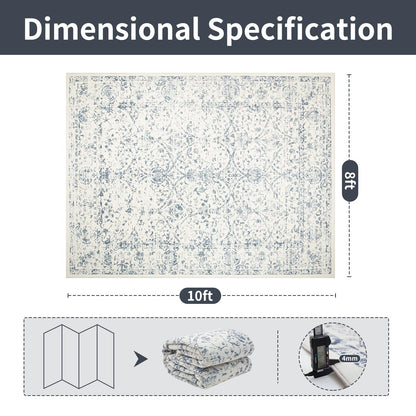 Lbris Washable Rugs 8x10 Area Rugs for Living Room- Large Vintage Rugs for Bedroom,Dining Room,Ultra Soft Low Pile Foldable Carpet with Non Slip Rubber Backing,Neutral Accent Rug(White-Blue)