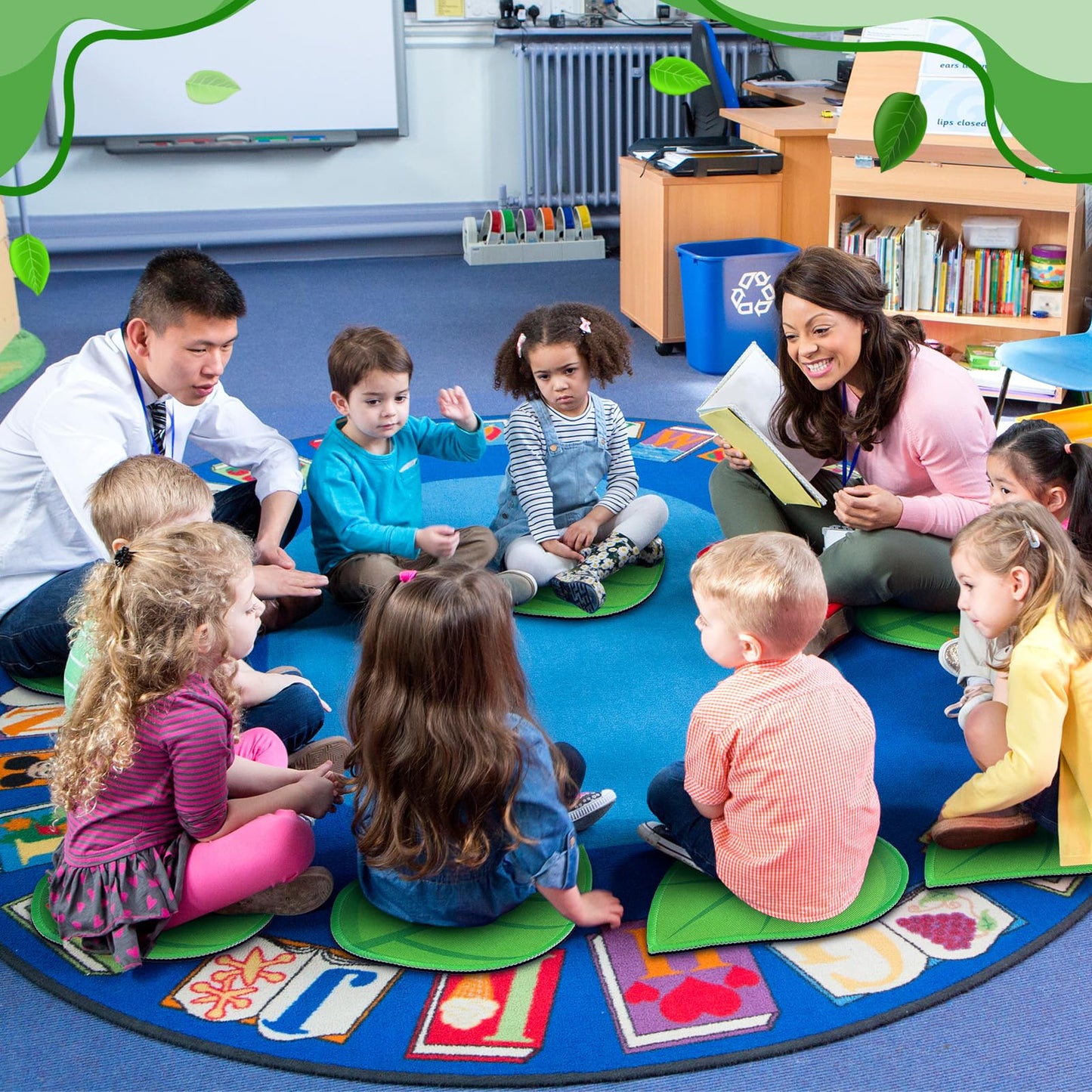Maasechs 12 Pcs Green Leaf Carpet for Classroom Sitting 16 Inch Classroom Rug Back to School Floor for Preschool Non Slip Carpet Sitting Floor Seats for Preschool Daycares School Learning Playing Area