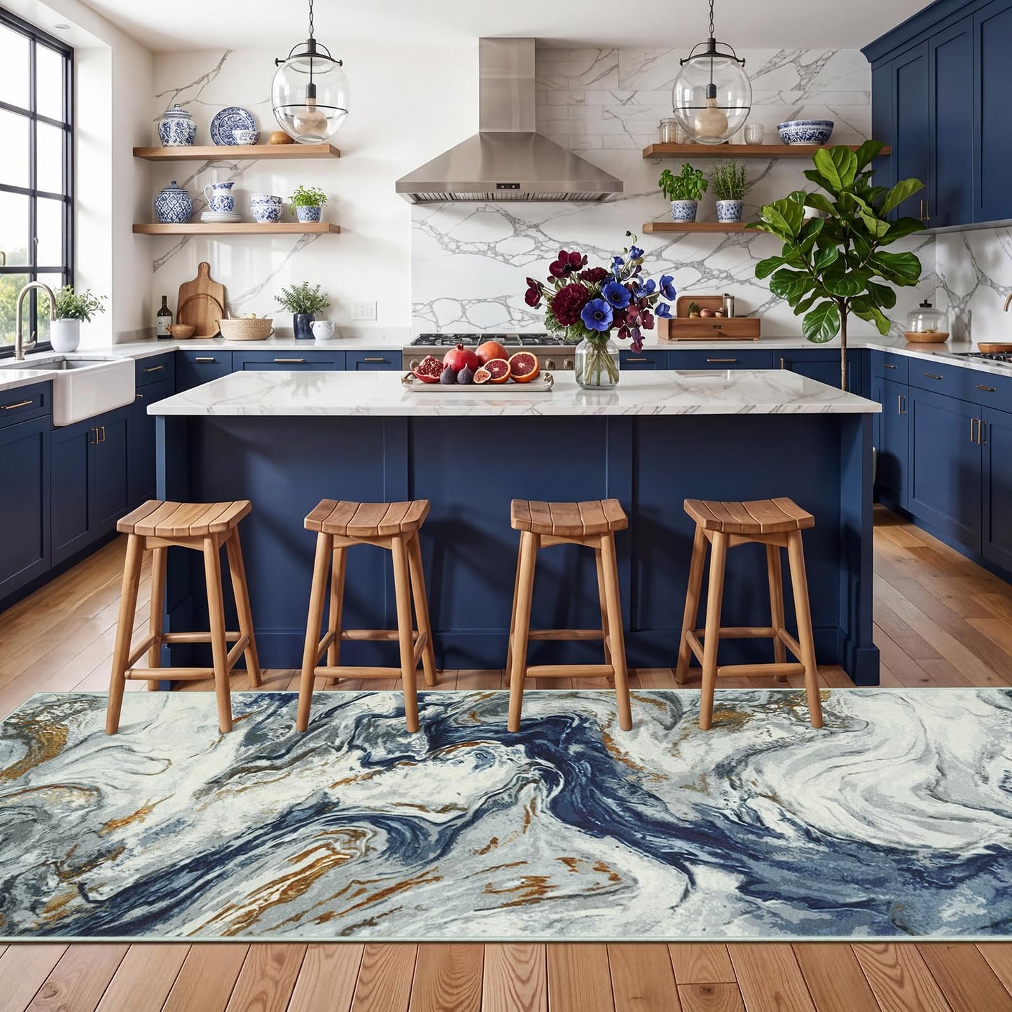 Hallway Runner Rug 2x8, Blue Washable Rug for Bedroom, Non Slip Soft Marble Kitchen Rugs, Abstract Low Pile Entryway Rugs, Stain Resistant Runner Carpet for Laundry Room Bathroom Closet