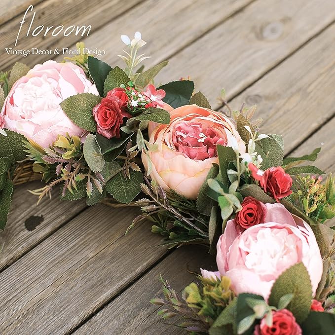 Floroom Floral Wreath, 20" Artificial Pink Peony Wreath for Front Door Decorations Wall Decor